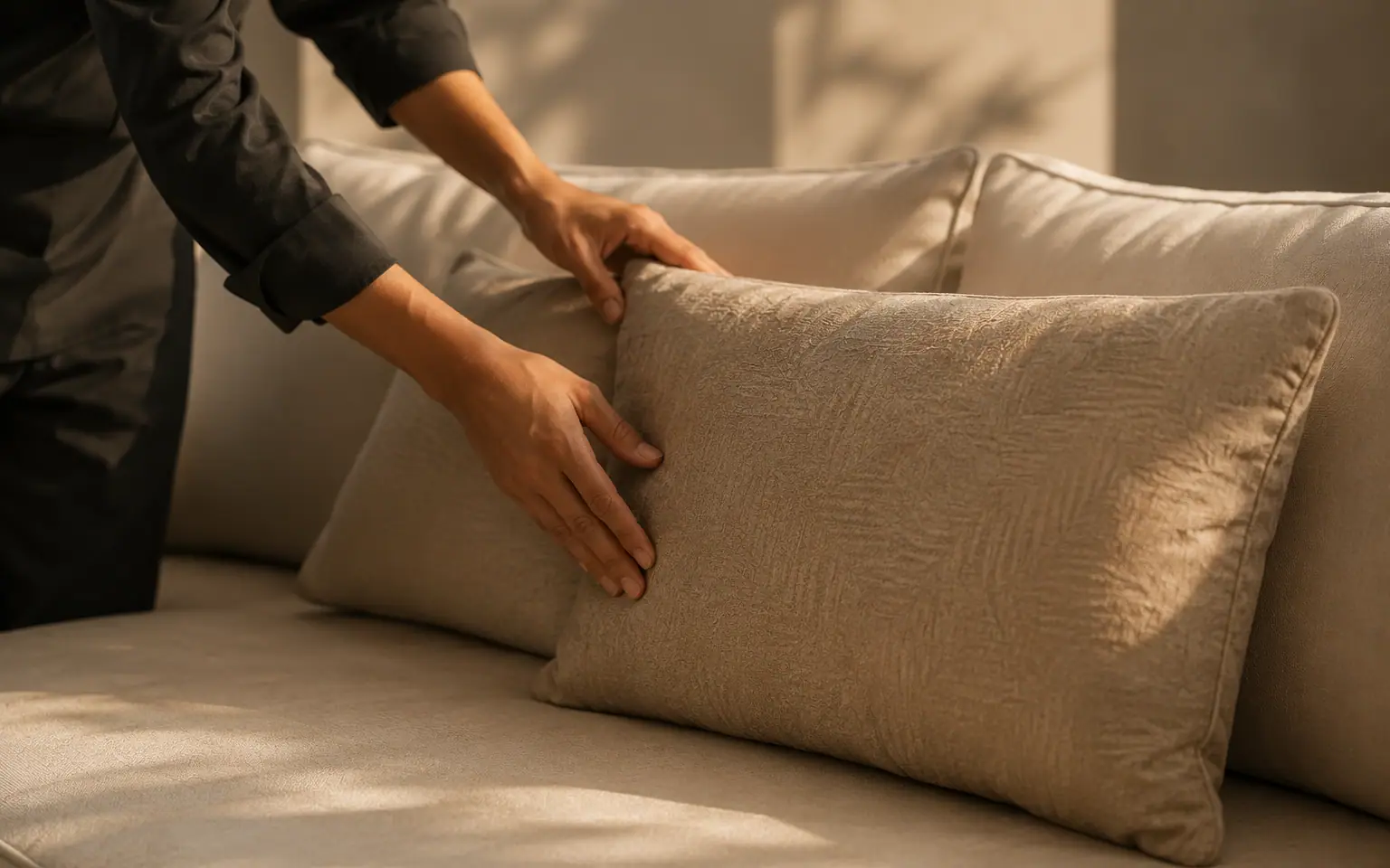 Hands straightening cushions on a sofa in a bright living room