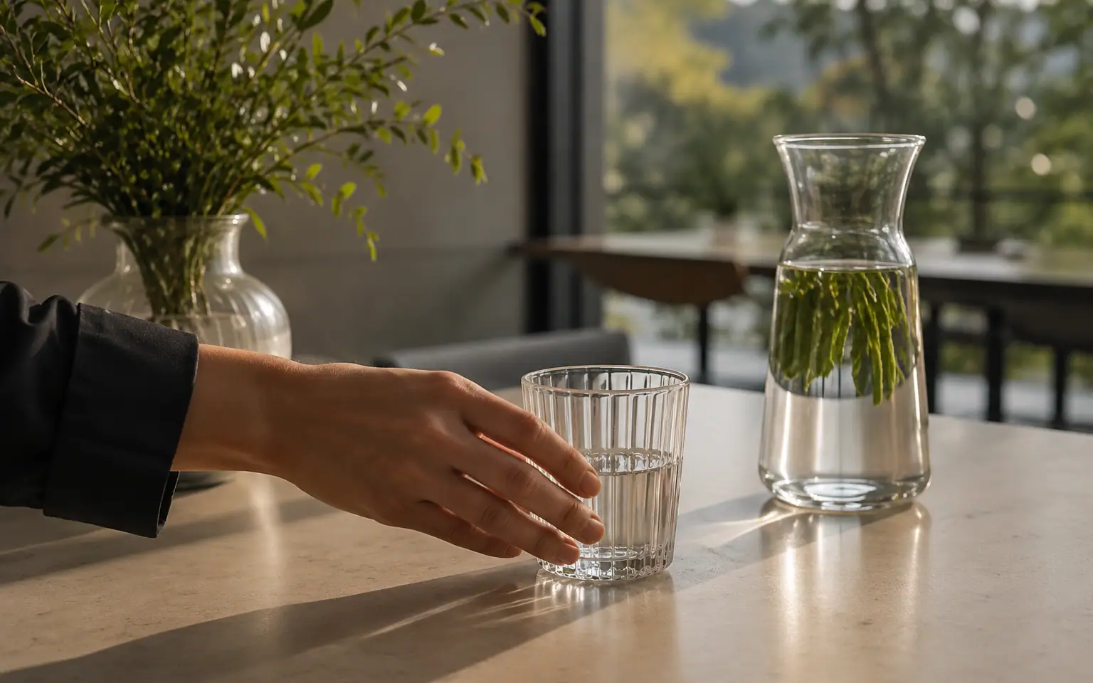 A water carafe and glasses arranged on a meeting table