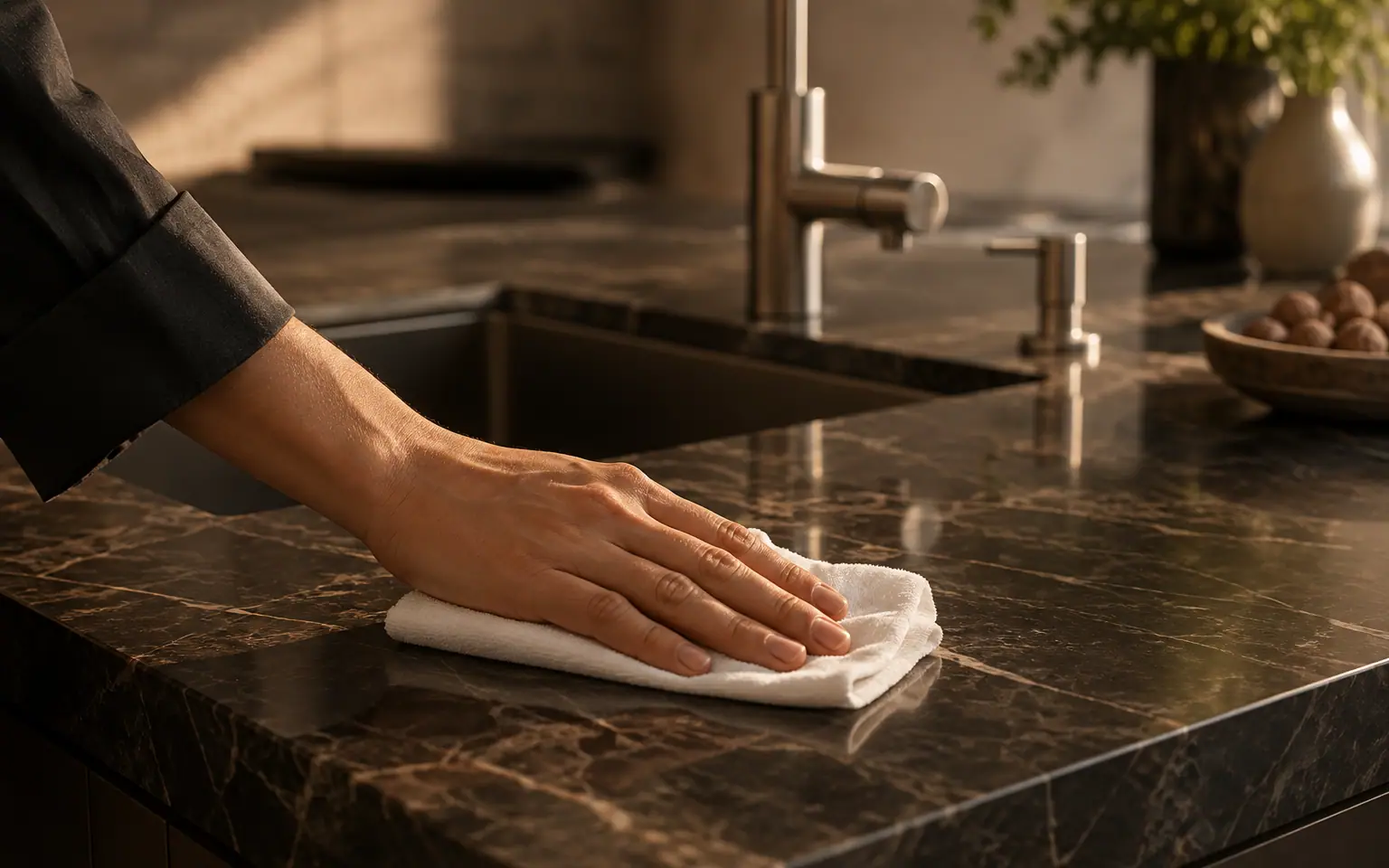 A hand wiping a stone surface with a cloth