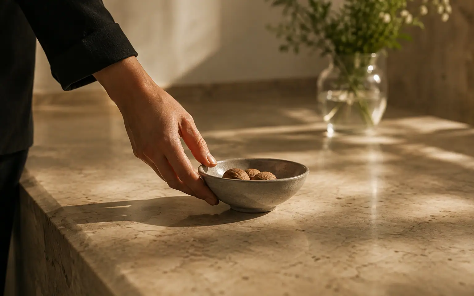 A stone bowl being placed on a stone surface