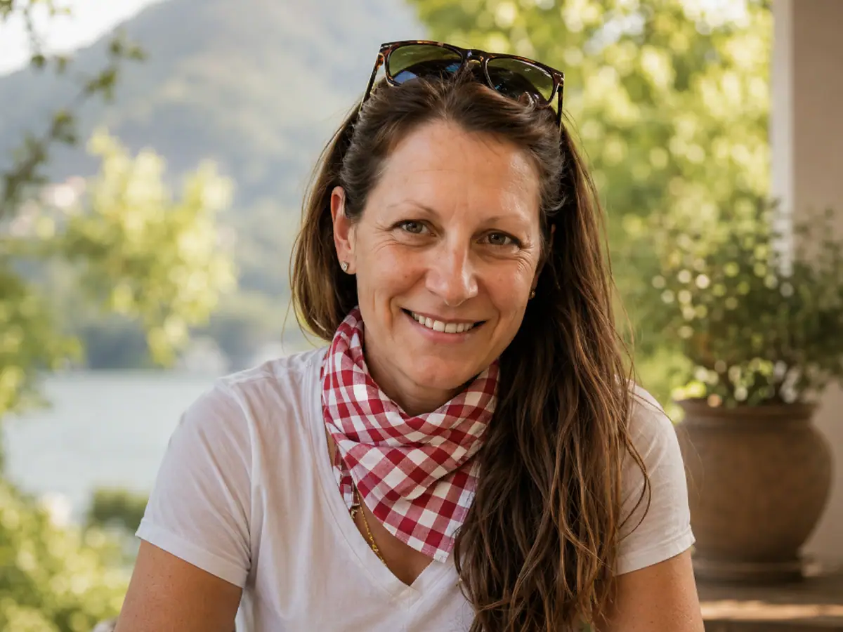 Cécili on a lakeside terrace