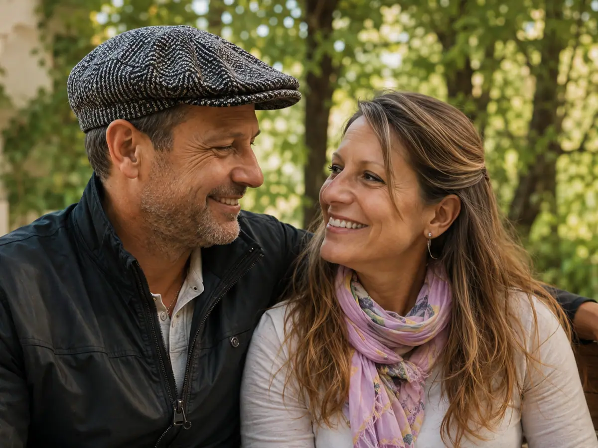 Martin and Cécili sitting on an outdoor bench and smiling at each other